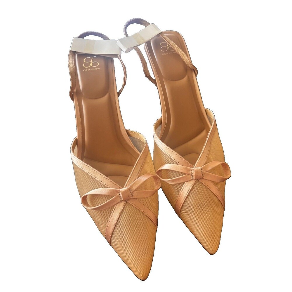 Cosy Island Elegant Bowknot Grace Pointed Toe Heeled Slingback Shoes Size 9.5New